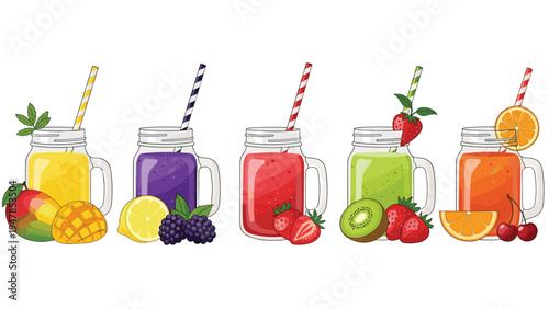 Refreshing assortment of fruit smoothies in mason jars includes flavors like mango, berry, strawberry, kiwi, and orange.
