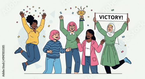 Diverse group of women celebrating victory with raised arms and confetti