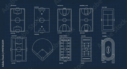 Blueprint of Various Sports Courts - Detailed Overhead Views.