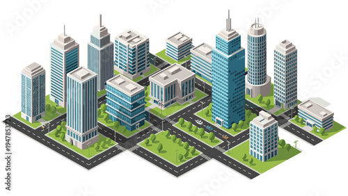 Detailed isometric layout of a modern city center with various skyscrapers, office buildings, paved roads, green parks, and moving cars.