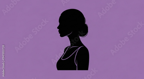 Black silhouette of woman's profile with hair tied back against purple background