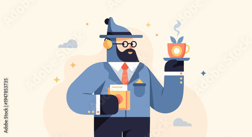 Stylized man in blue suit holding a tray with coffee cup and book