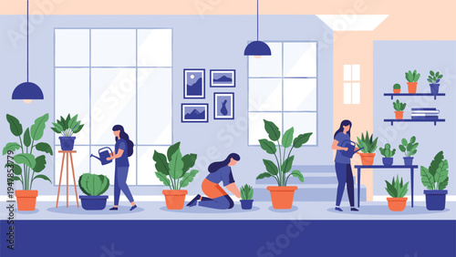 Group of women characters tending to various indoor plants in a modern interior setting with large windows and stylish shelves for gardening.