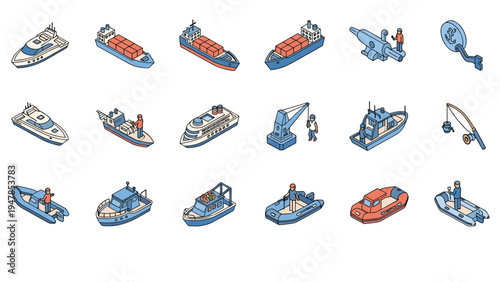 Diverse collection of isometric boats and ships including yachts, cargo vessels, fishing boats, and rescue dinghies isolated on a white background.