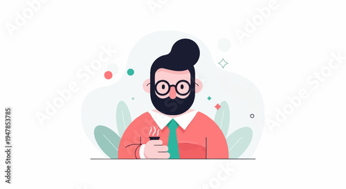 Stylized man with glasses, beard, and tie holds a steaming cup