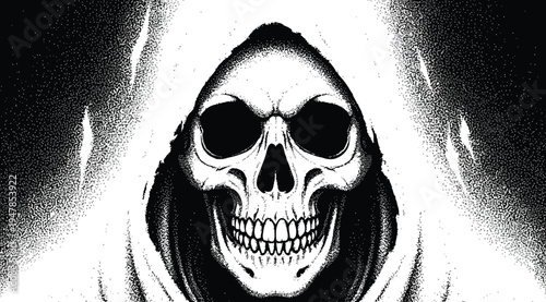 A hooded skeleton with a menacing grin set against a dark background with white highlights on the hood and skull