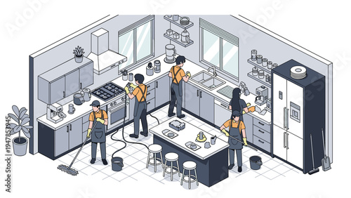Isometric view of a professional cleaning crew sanitizing a commercial kitchen including counters, stove, floor, and industrial refrigerator.