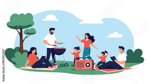 Happy family characters enjoying an outdoor barbecue picnic in a green park with trees and hills under a sunny sky with soft clouds.