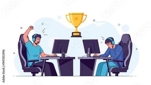 Two professional e-sports gamers competing in a tournament with one celebrating a victory while the other reacts to defeat under a giant trophy.