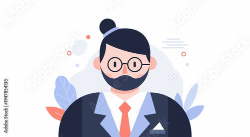Stylized man with glasses, beard, topknot, and suit