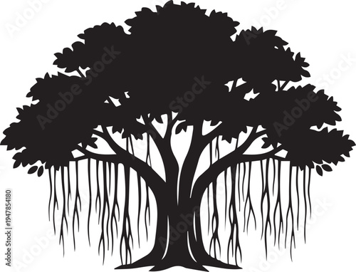 Tropical Banyan Fig Tree Silhouettes Illustration