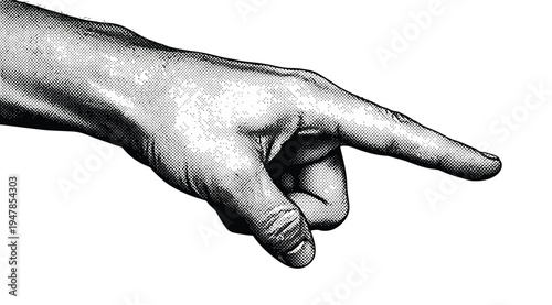 A black and white illustration of a hand pointing to the right isolated on white background