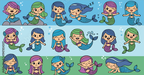Set of cute cartoon mermaids swimming underwater with colorful hair