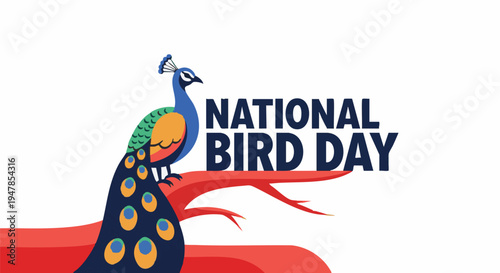 Peacock on red branch National Bird Day colorful vibrant illustration for conservation awareness