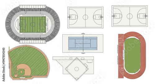 Variety of Sports Field Layouts and Court Diagrams.