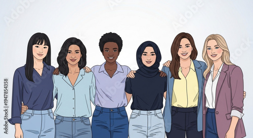Diverse group of six young women standing together in unity and friendship smiling and embracing each other with arms around shoulders various ethnicities and outfits
