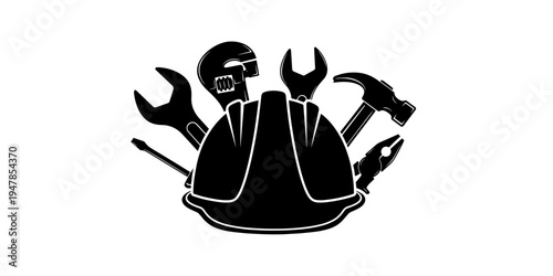 A minimalist professional vector graphic featuring a hard hat and various tools for construction and industrial applications