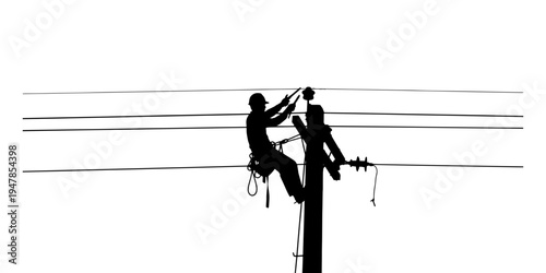 Simple silhouette illustration captures a determined power line worker performing essential services on a utility pole