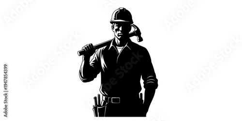 A powerful serious graphic illustration of a determined construction worker holding a hammer over his shoulder, representing hard work and professionalism.
