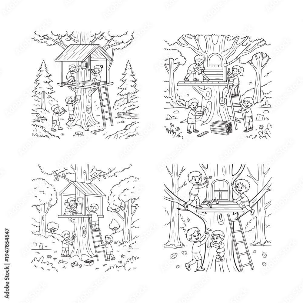 Fototapeta premium Kids Building a Treehouse in Forest Coloring Page Simple Black Line Art for Children Creative Activity Book