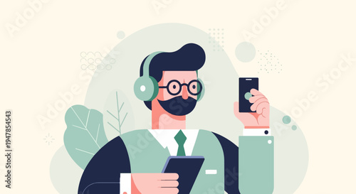 Stylized man with headphones and phone, digital art