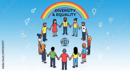 Diverse group of people holding hands under rainbow with 'diversity equality' for social unity and inclusivity concept