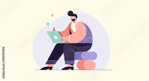 Stylized man with laptop, glasses, and beard sits on stacked cushions