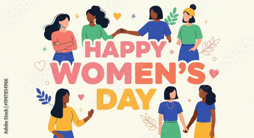 Diverse women celebrating happy women's day with friendship and unity surrounded by colorful hearts and leaves on a beige background