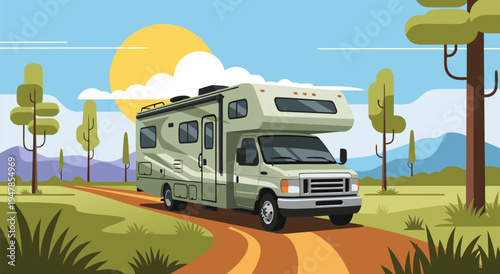 A classic recreational vehicle RV motorhome driving on a country road, a beautiful summer day in this vector illustration