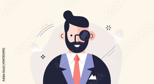 Stylized man with monocle and beard in suit on abstract background