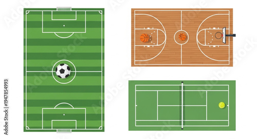 Sports Fields - Soccer, Basketball, and Tennis Court Illustrations.