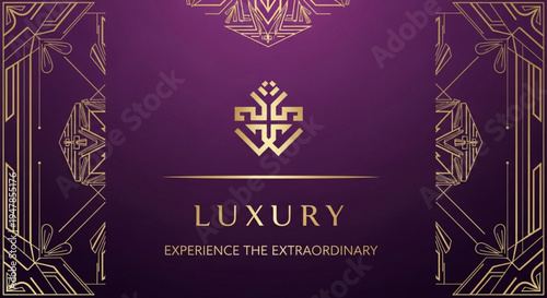 Luxury brand logo with gold emblem on purple background experience the extraordinary text