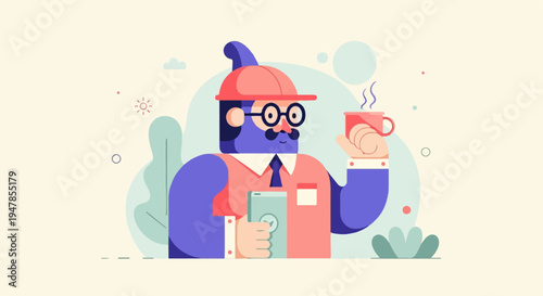 Stylized man with red hard hat holding phone and hot coffee cup