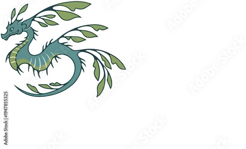 Stylized marine creature with leafy appendages and a long serpentine body