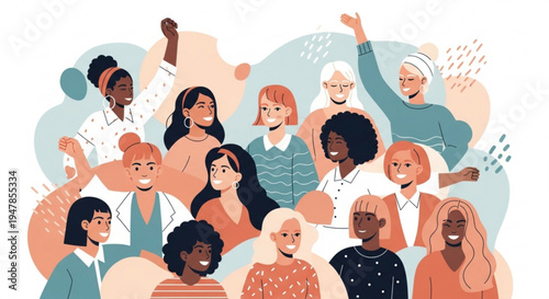 Diverse group of women celebrating together with fists raised in solidarity and joy on colorful background