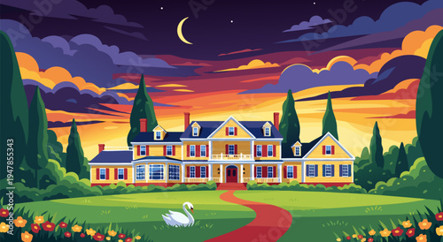 Charming Mansion Estate with Swan and Moonlit Sky - Beautiful Vector Illustration