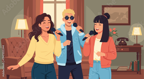 Happy friends singing together vector illustration of people having fun at home, lifestyle and entertainment concept