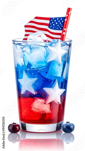 Patriotic layered beverage in a tall glass, featuring red, white, and blue colors, ice, star-shaped ice cubes, and a tiny American flag