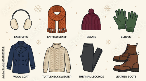 Authentic random winter fashion vector set with eight cozy elements including coat, scarf, boots, earmuffs, gloves, beanie, sweater, and leggings in flat minimal design