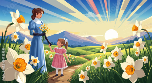 Charming Spring Landscape with Mother and Child, Daffodils, and Mountains - Vector Illustration
