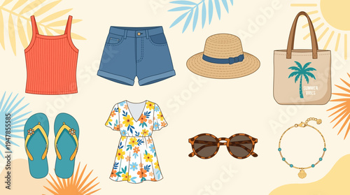 Authentic random summer fashion vector set with eight casual elements including tank top, shorts, flip-flops, straw hat, tote bag, sunglasses, dress, and anklet in flat minimal design