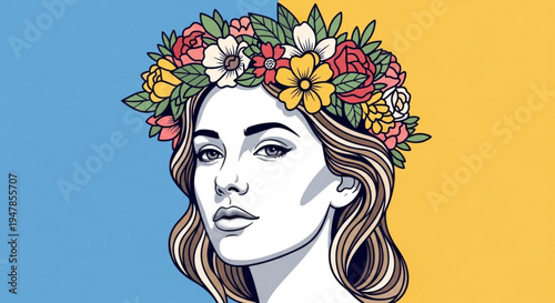 Woman wearing colorful floral crown on head against blue and yellow background illustration