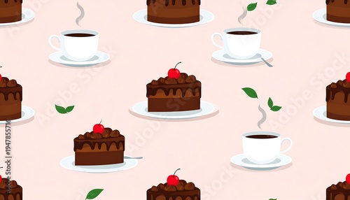 Repeated pattern featuring chocolate cake slices with cherries, coffee cups, steam, and scattered green leaves on a soft pink background