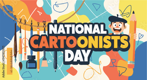 National Cartoonists Day colorful illustration with cartoon character and art supplies in vibrant playful lighting for celebration