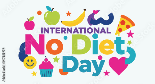 International No Diet Day colorful logo with various food icons in playful vibrant style for health awareness campaign