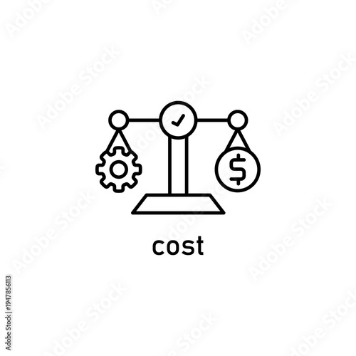 A cost icon featuring a scale weighing gears against a money bag with a dollar sign, ending with a check mark. This symbol represents cost-benefit analysis, budgeting, and financial efficiency.