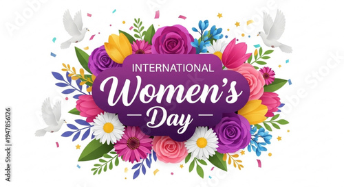 International women's day celebration with colorful floral wreath and white doves on purple background