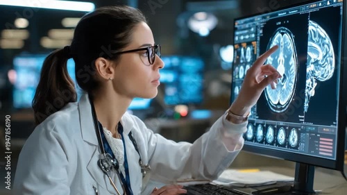 Brain Scan Analysis: A dedicated healthcare professional intently reviews and analyzes advanced medical imaging, focused on a brain scan display.