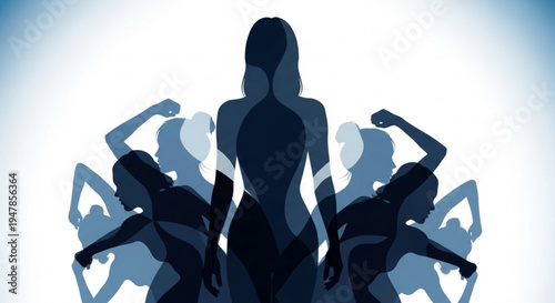 Empowered women in silhouette flexing muscles together in unity and strength