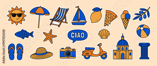 Summer Vacation Icons: A collection of vibrant icons representing elements of a fun-filled vacation, capturing the essence of travel and leisure.
